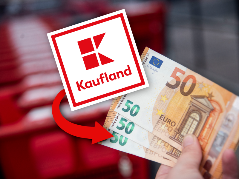 Kaufland Logo vor 50-Euro-Scheinen und Einkaufswägen.