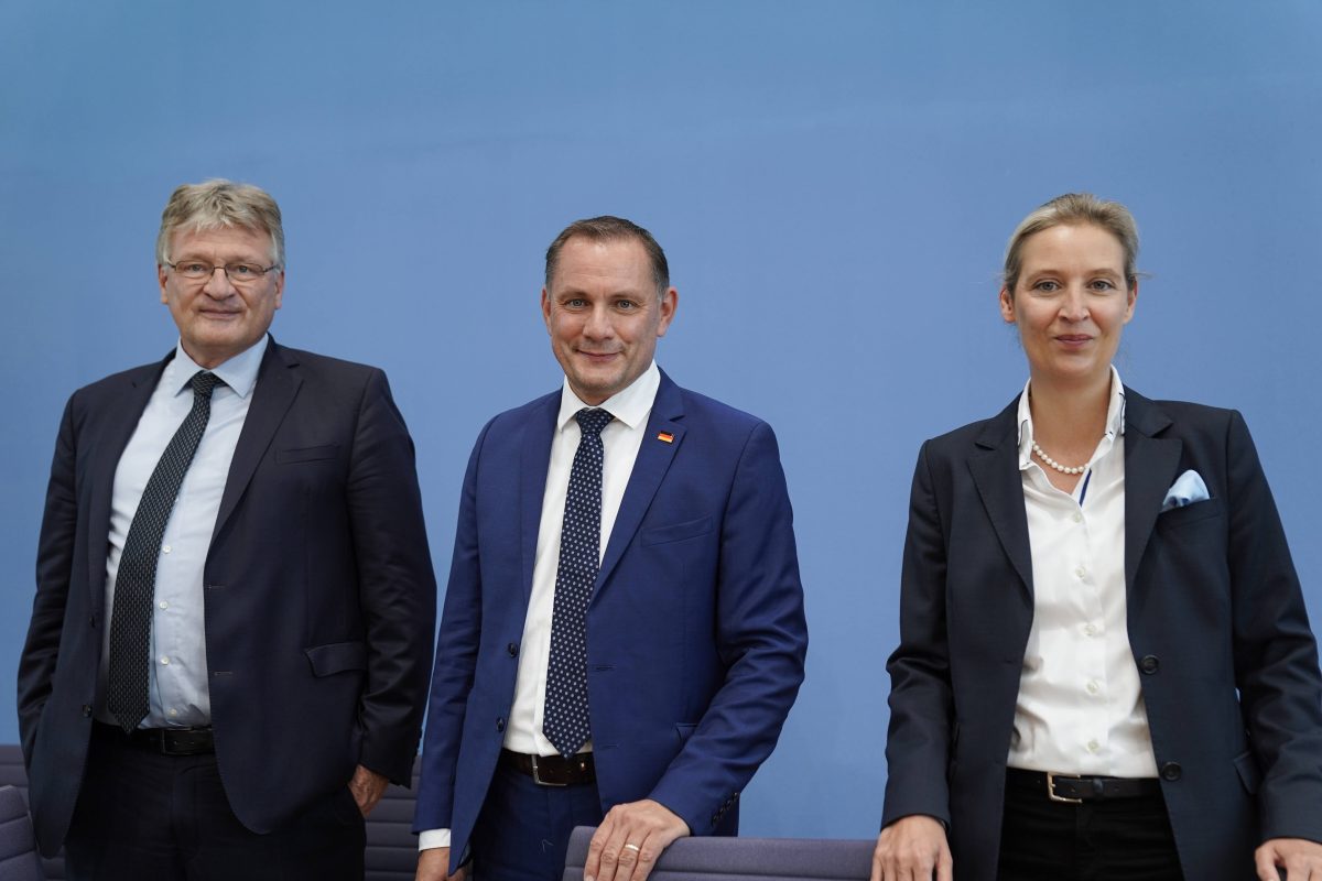 JÃ¶rg Meuthen mit Tino Chrupalla und Alice Weidel