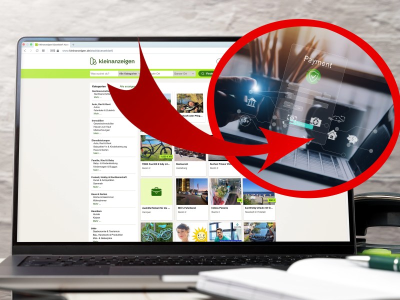 Auf einem Notebook ist die Homepage von Kleinanzeigen geöffnet. Ein roter Pfeil deutet auf eine erfolgreiche Zahlung.