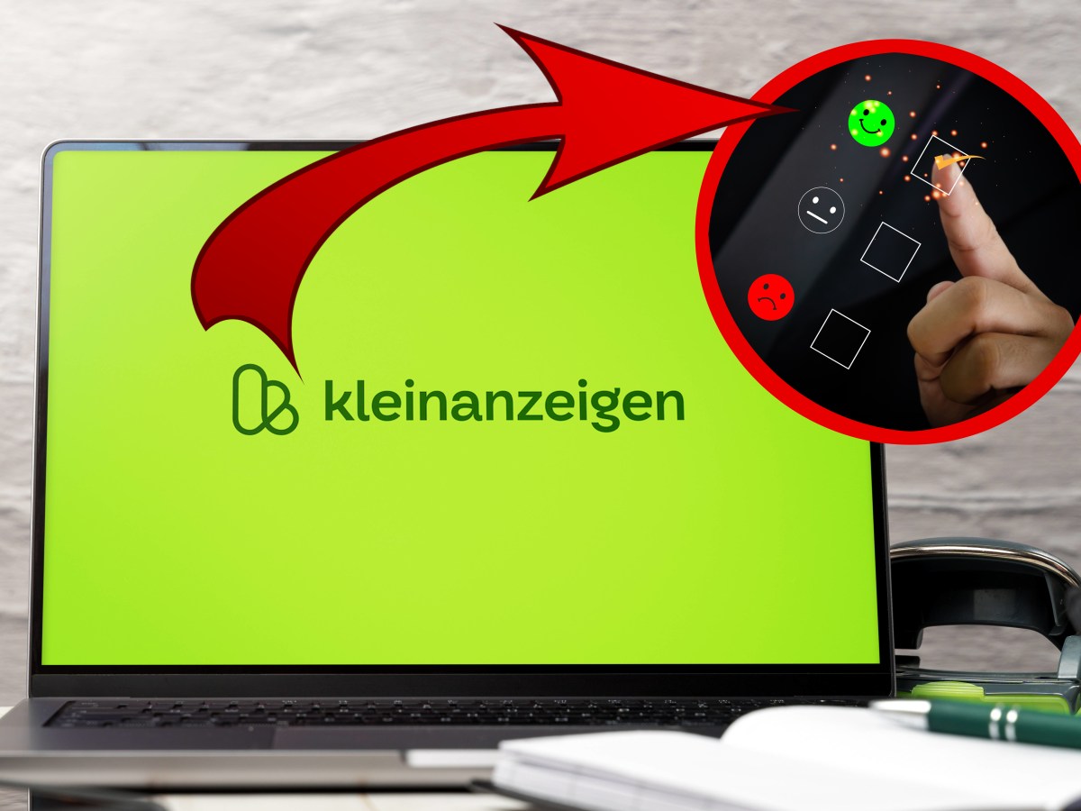 Auf einen Laptop ist das Verkaufsportal Kleinanzeigen geöffnet. Ein Pfeil zeigt auf drei Smileys, die böse bis freundlich aussehen.