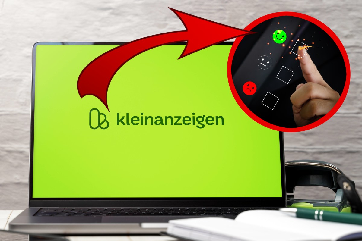 Auf einen Laptop ist das Verkaufsportal Kleinanzeigen geöffnet. Ein Pfeil zeigt auf drei Smileys, die böse bis freundlich aussehen.