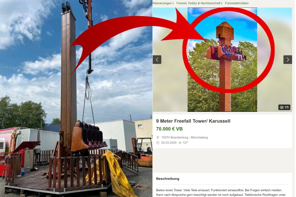 Auf Kleinanzeigen wird ein Freefaltower für 70.000 Euro zum Verkauf angeboten.