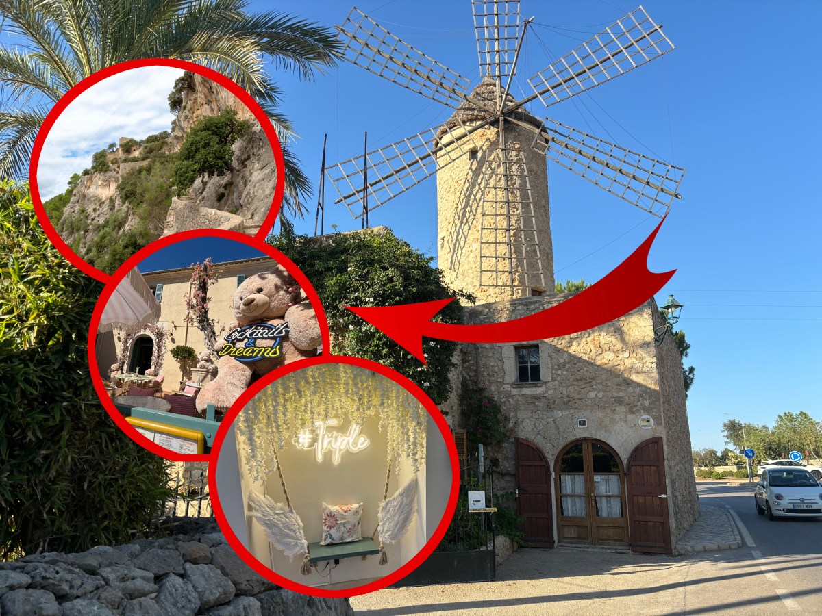 Eine Bildmontage aus Fotos von dem Weg zum Castell d'Alaró, der Windmühle vom Moli den Pau und dem Teddy-Restaurant mit seinen süßen Überraschungen.