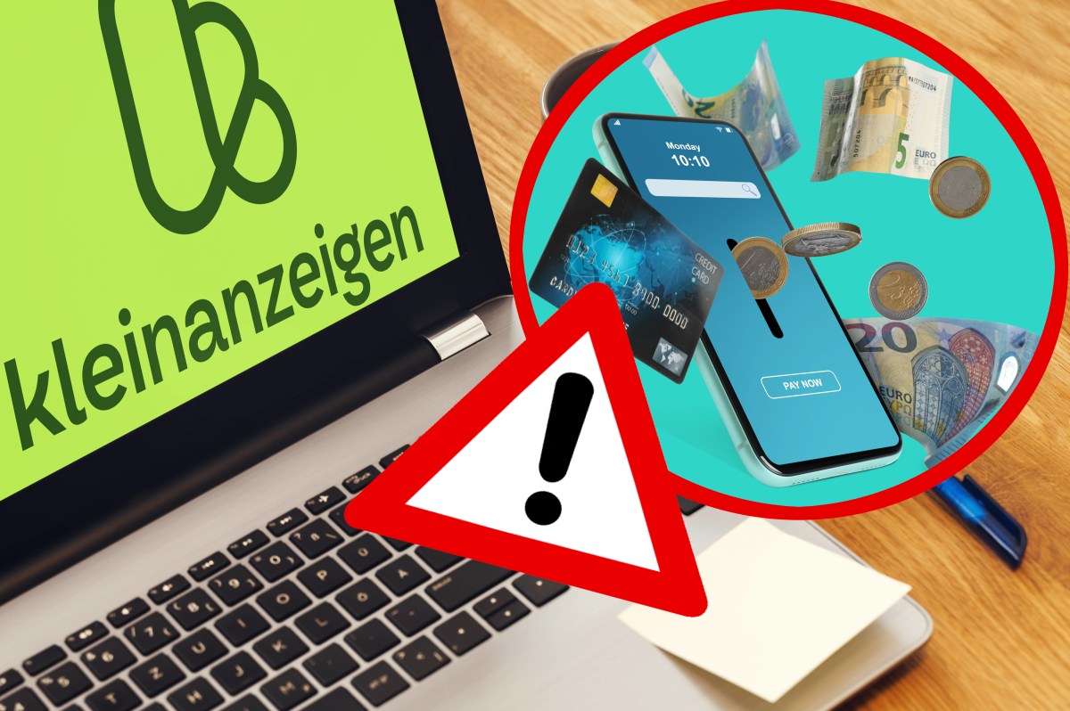 Ein Laptop auf dem Kleinanzeigen geöffnet ist. Daneben ein Warndreieck und ein Smartphone, dass symbolisch für Gebühren, Geld verschluckt.