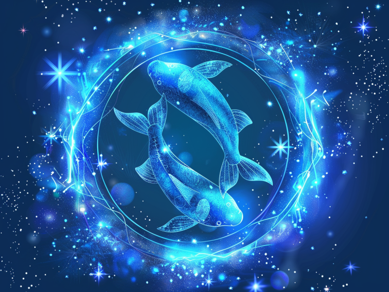 Zwei Fische im blauen Kreis mit Sternen